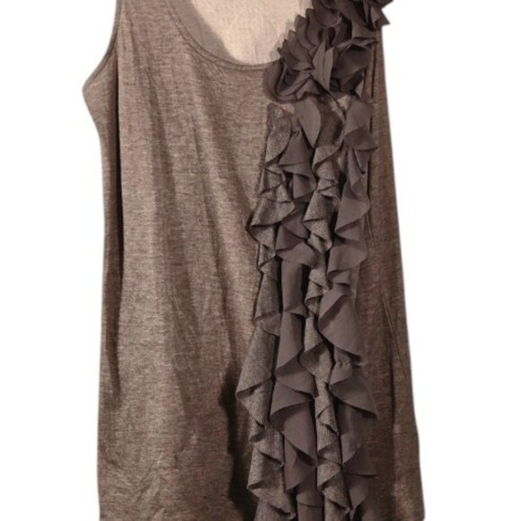 Mystree Size Medium Women's Blouse Sleeveless Ruffle Accent Lined Tan - Picture 3 of 7